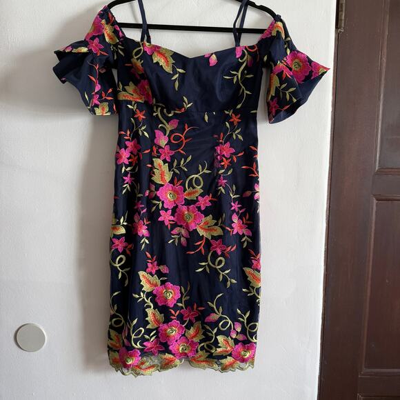 TRINA Trina Turk | Ivar Navy Blue Embroidered Floral Off Shoulder Sheath Dress 2 - Picture 3 of 7